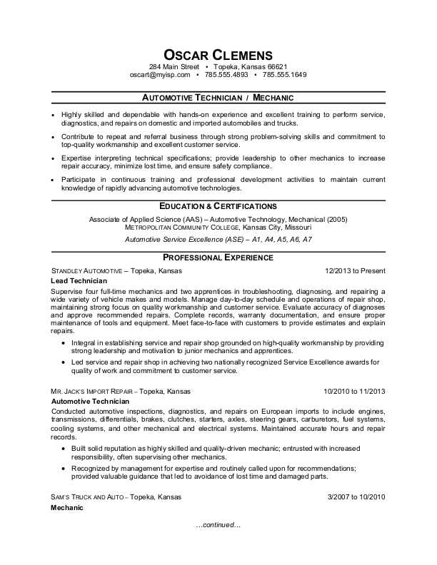 Auto Mechanic Resume Sample