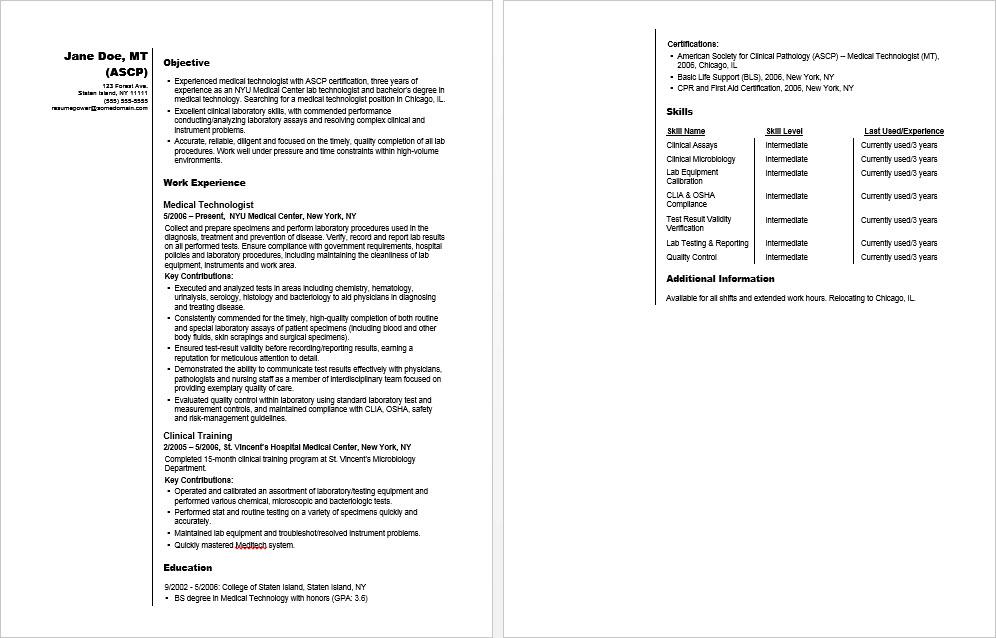 medical technologist sample resume