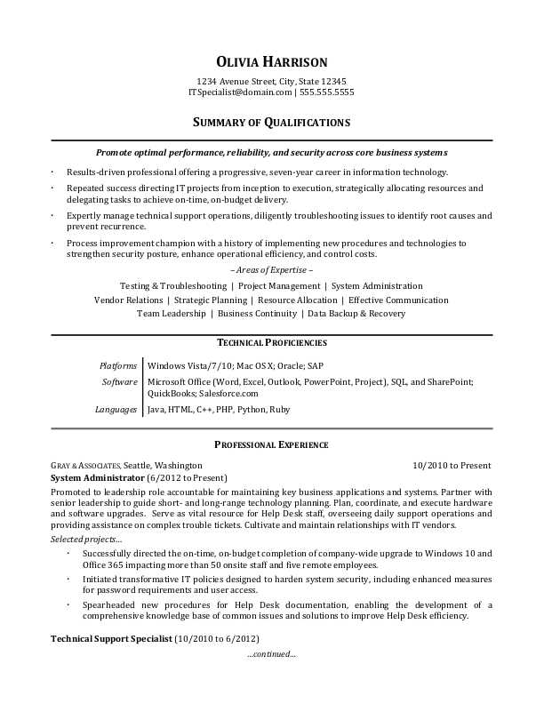 resume templates for it professionals