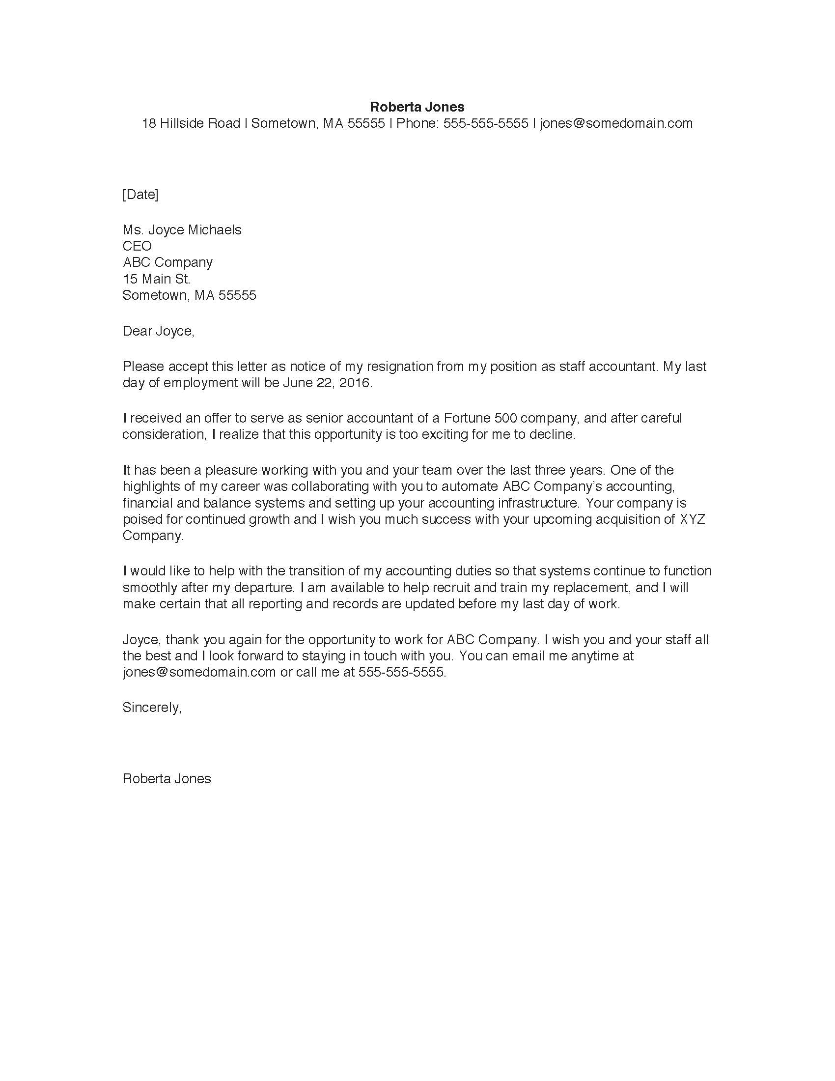 Sample resignation letter