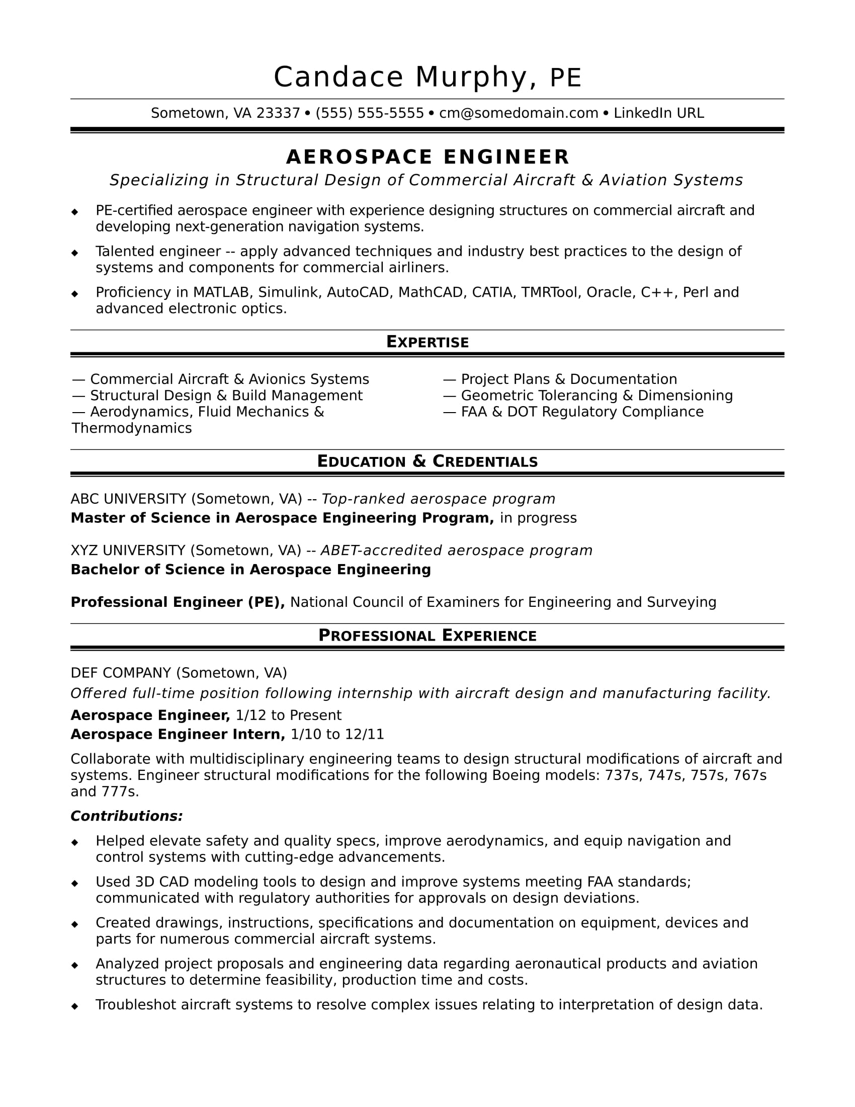 Sample Resume for a Midlevel Aerospace Engineer Monster com