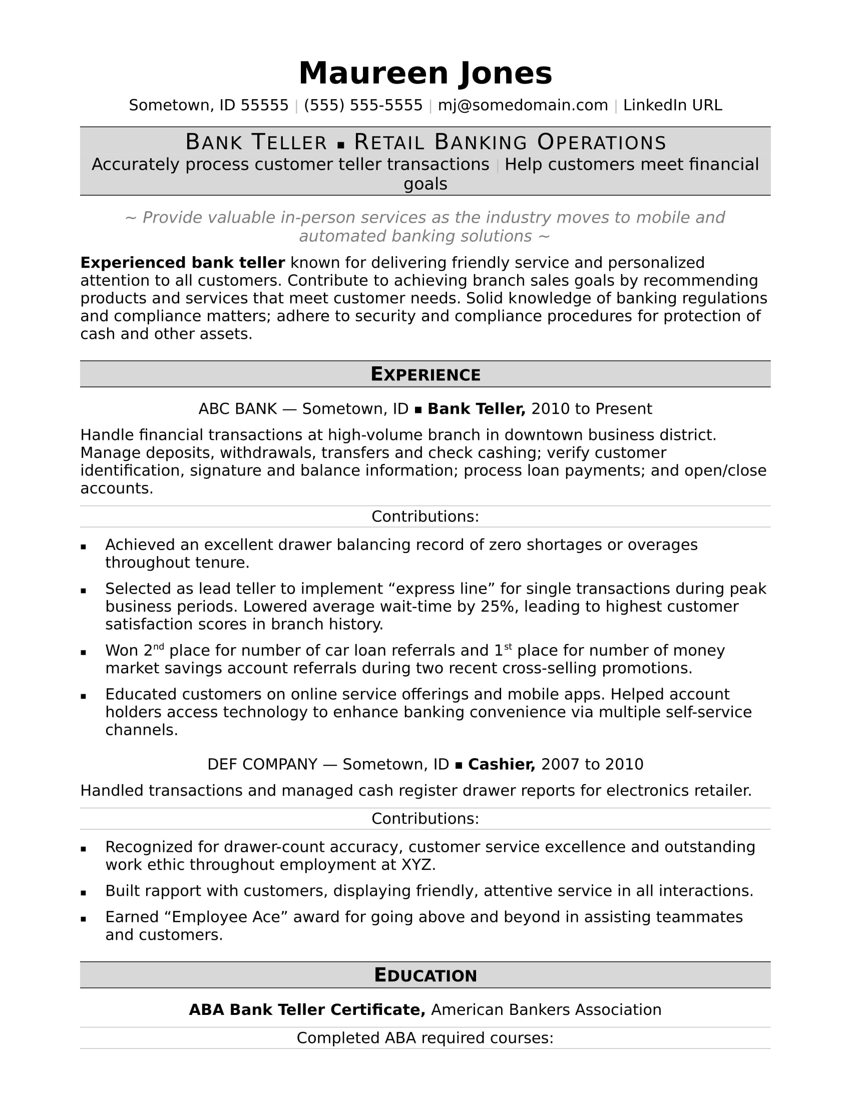 Bank Teller Resume Sample