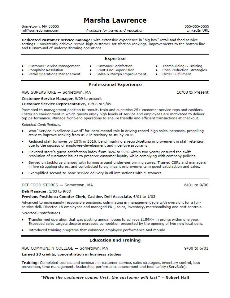 Customer Service Manager Resume