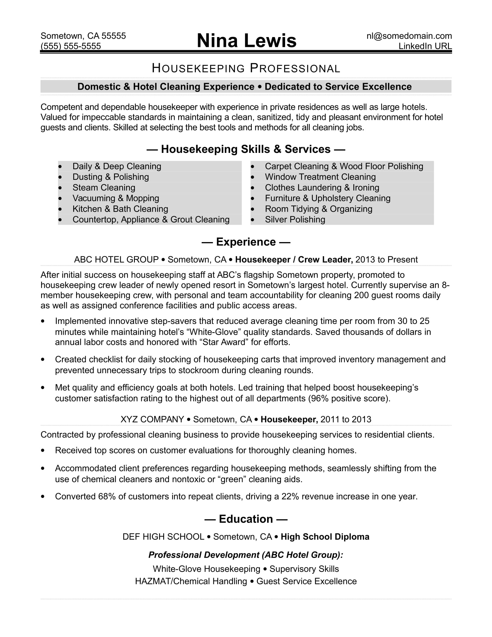 housekeeping resume sample