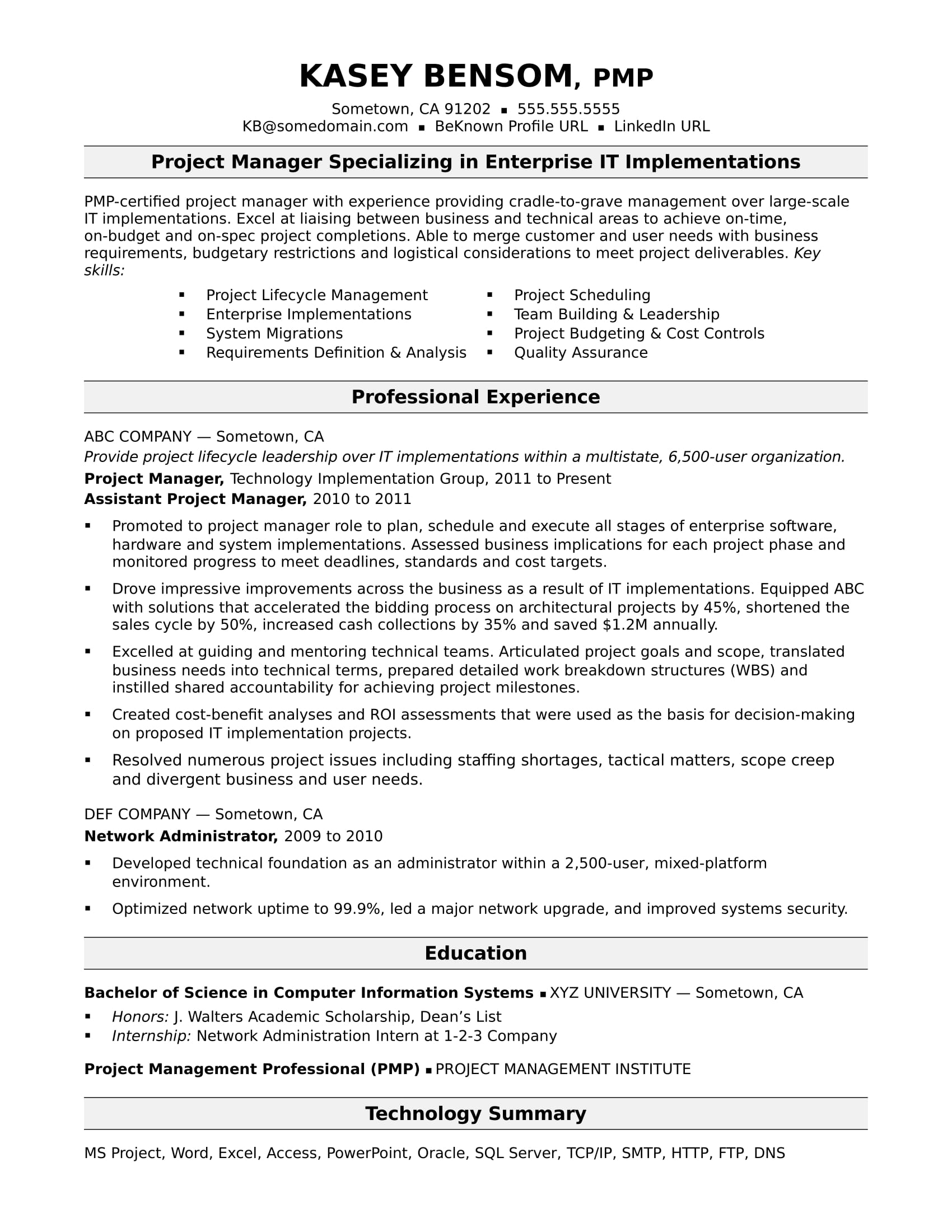 Sample Project Manager Resume Profile Project Manager Resume 2019