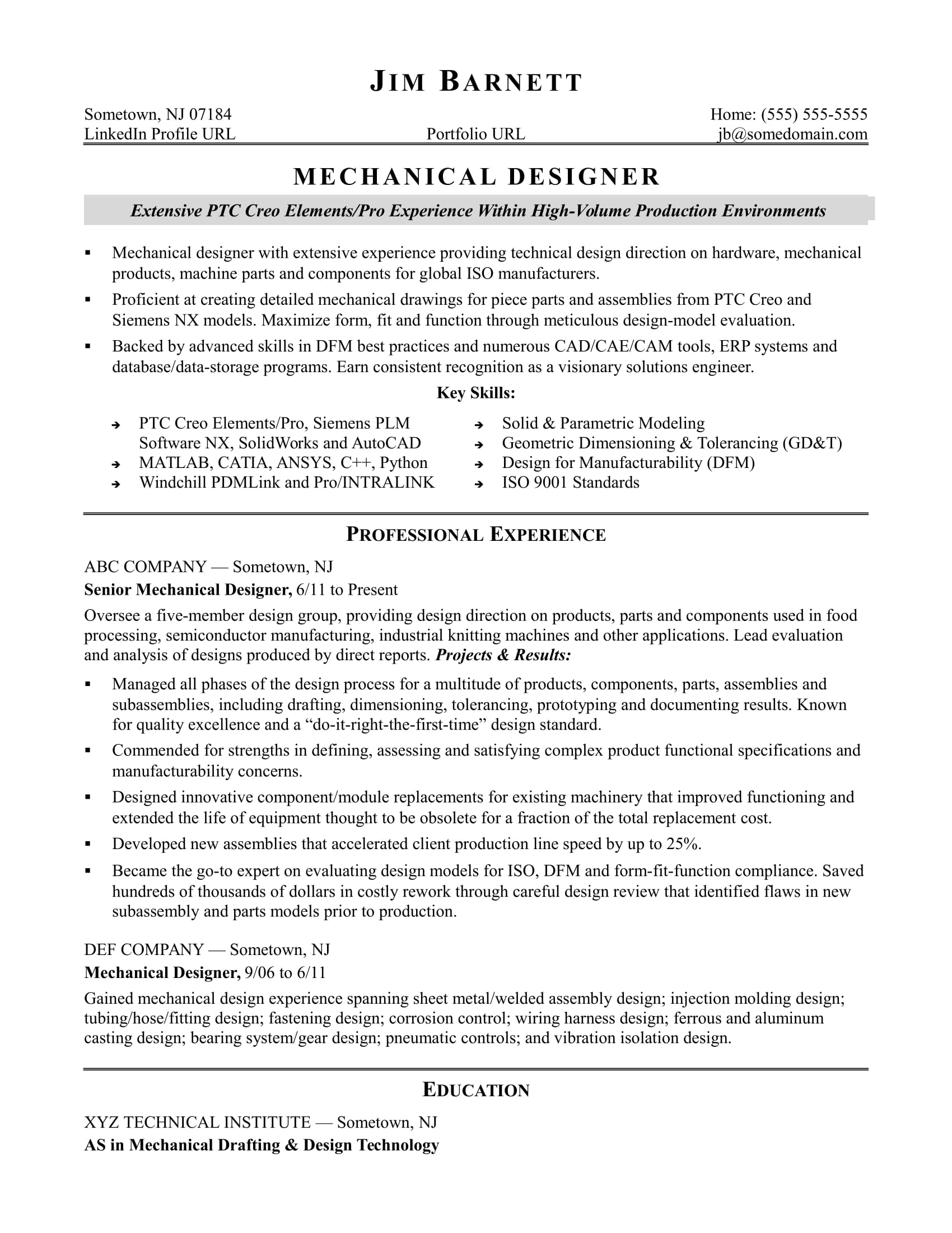 sample resume for an experienced mechanical designer