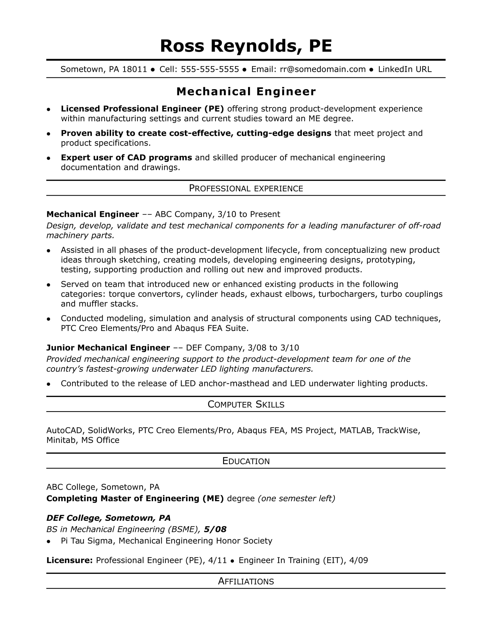 Sample Resume For A Midlevel Mechanical Engineer Monster