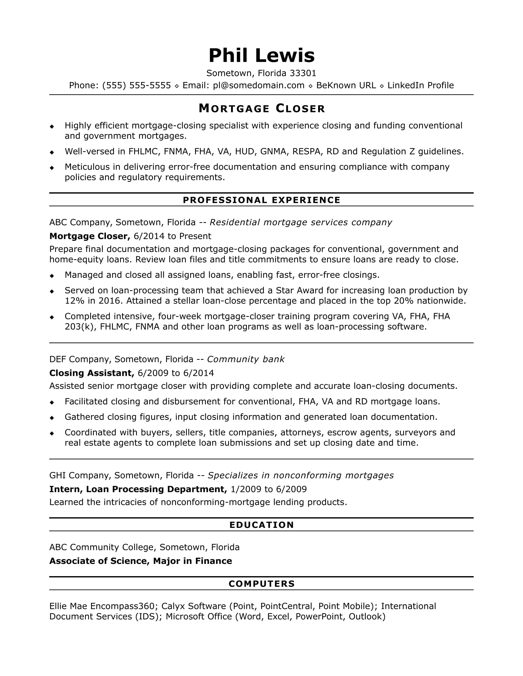 mortgage closer resume sample