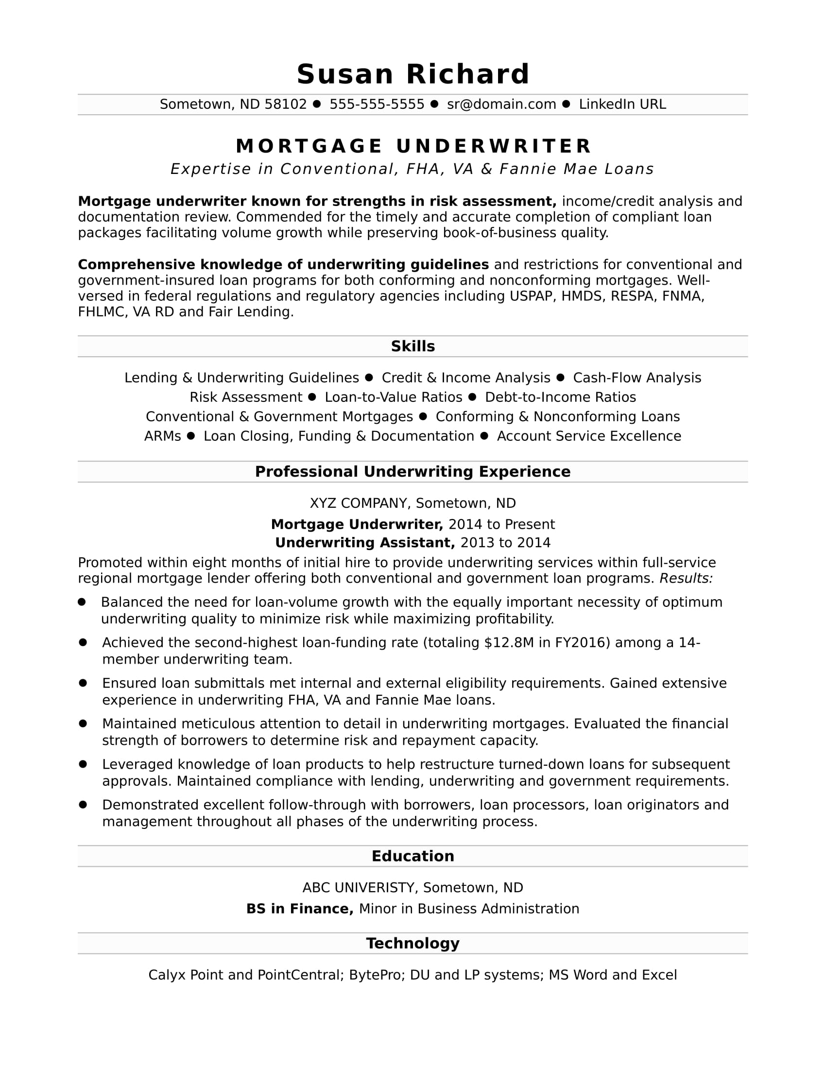 Mortgage Underwriter Resume Sample