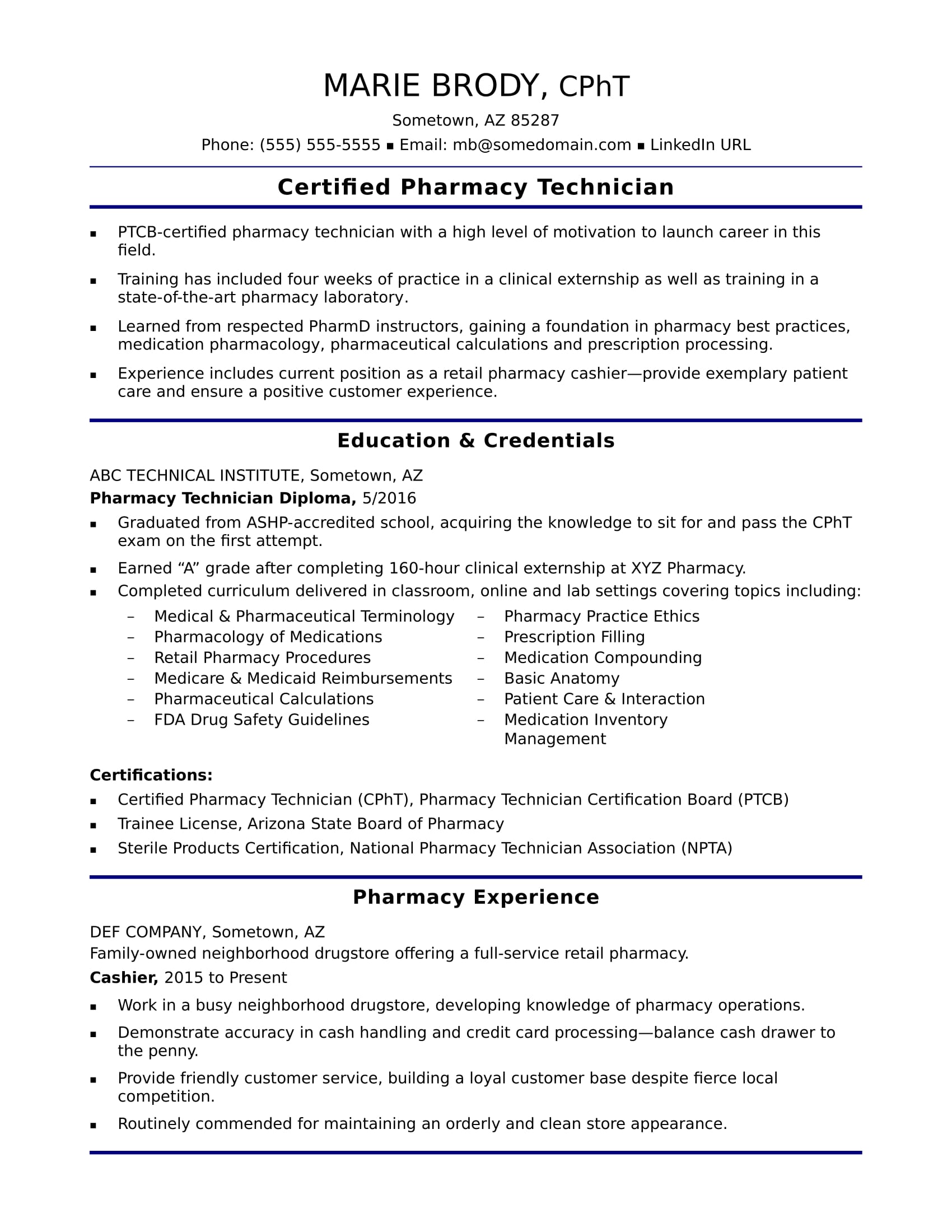 EntryLevel Pharmacy Technician Resume Sample