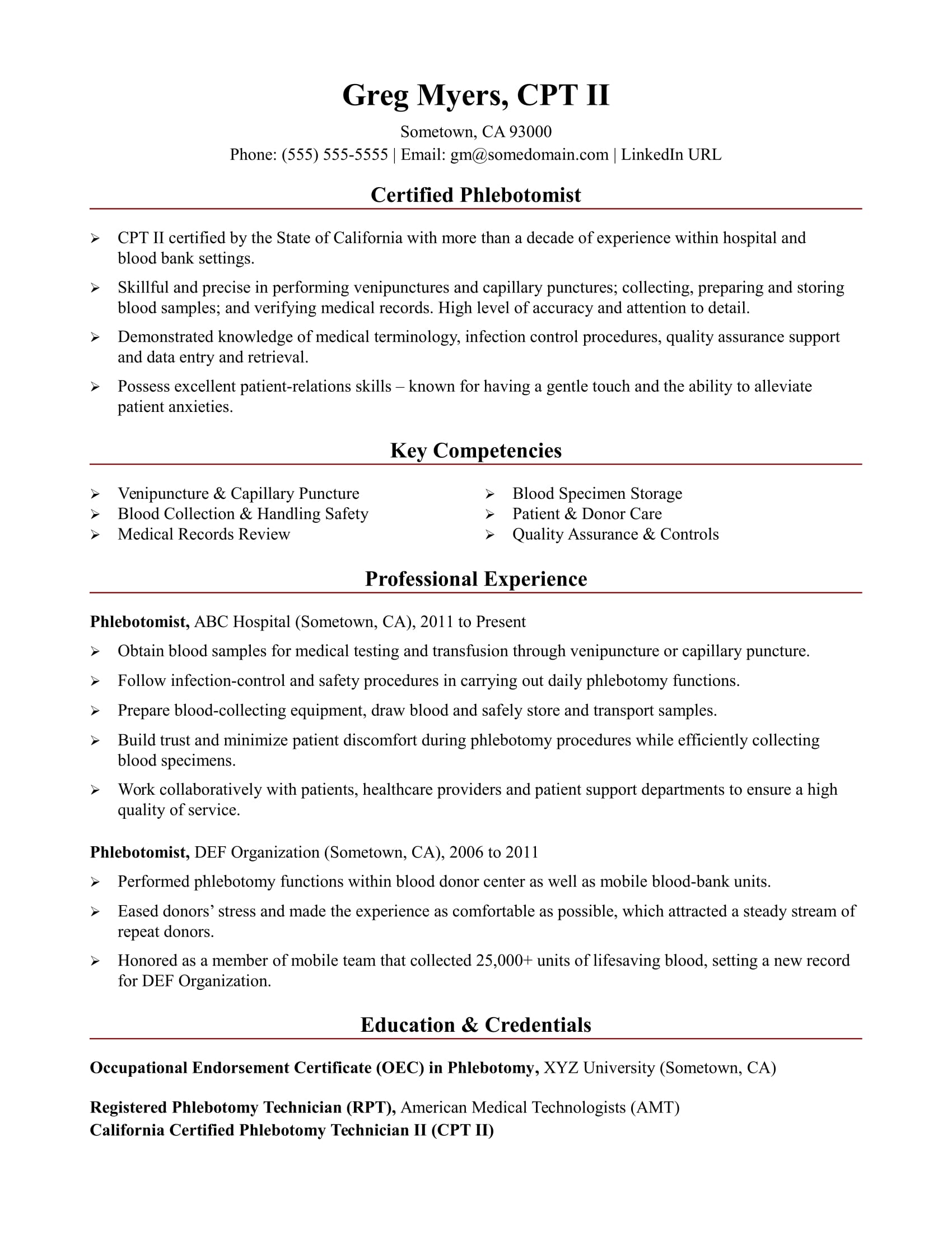 Phlebotomist Resume Sample