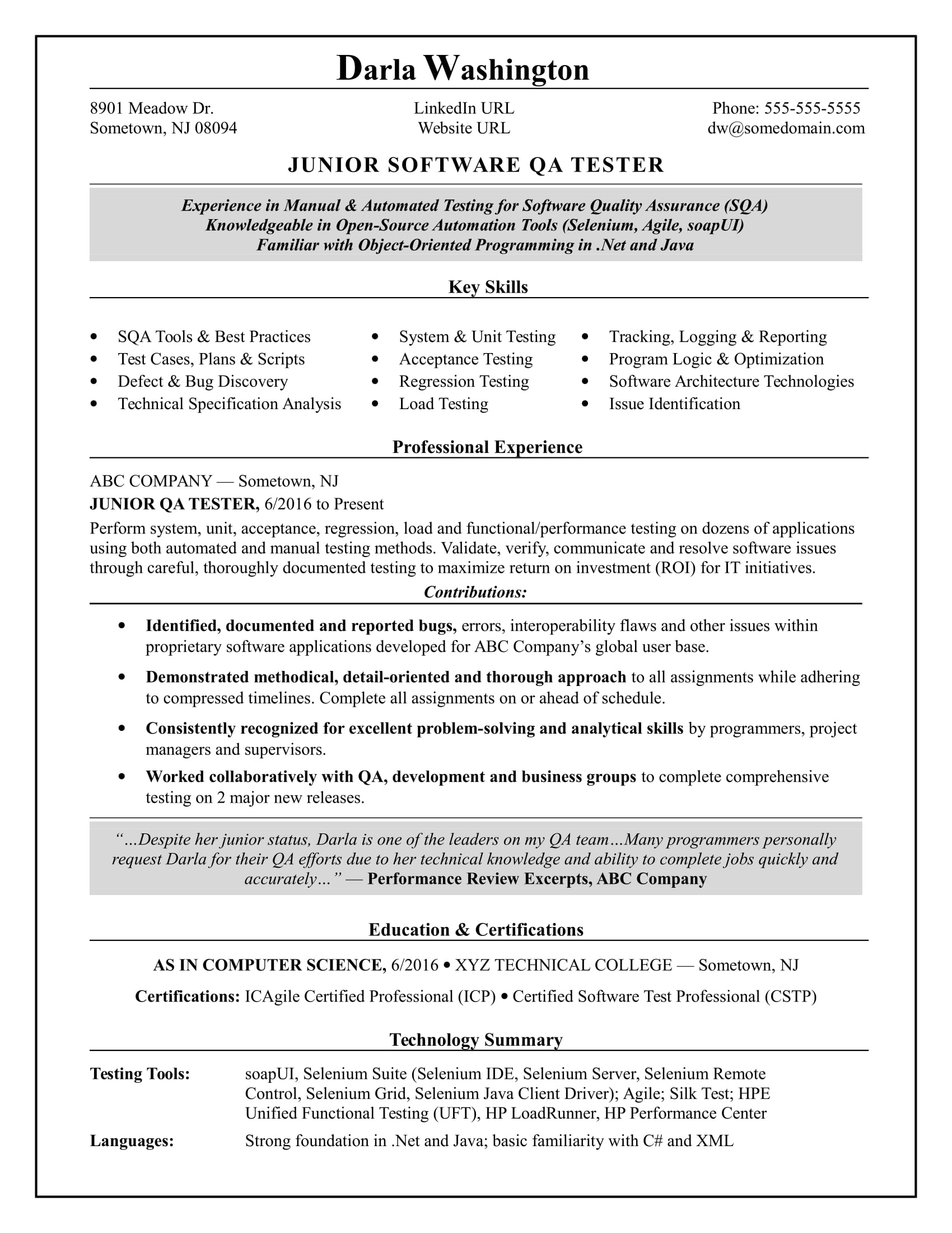 EntryLevel QA Software Tester Resume Sample