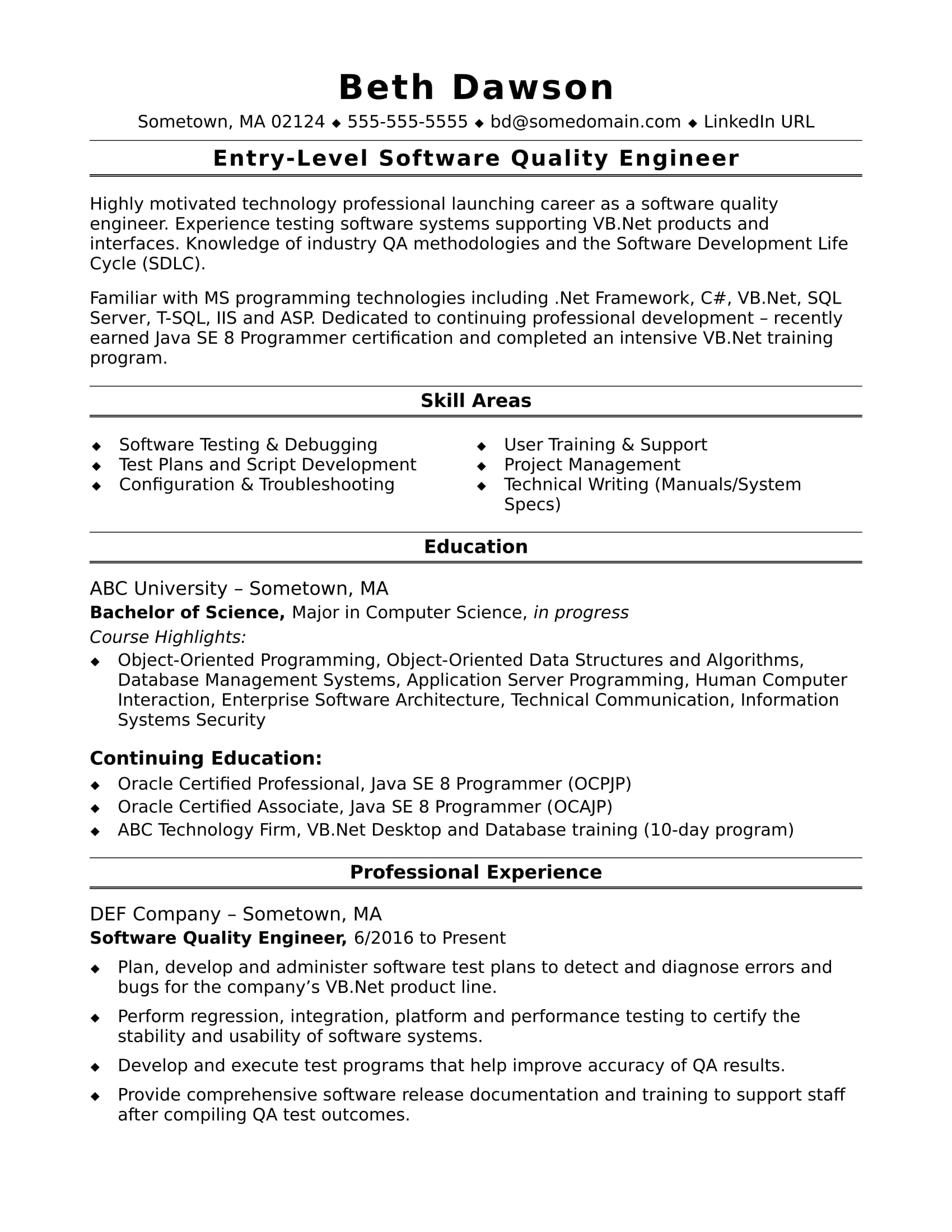 Sample Resume for an Entry-Level Quality Engineer ...