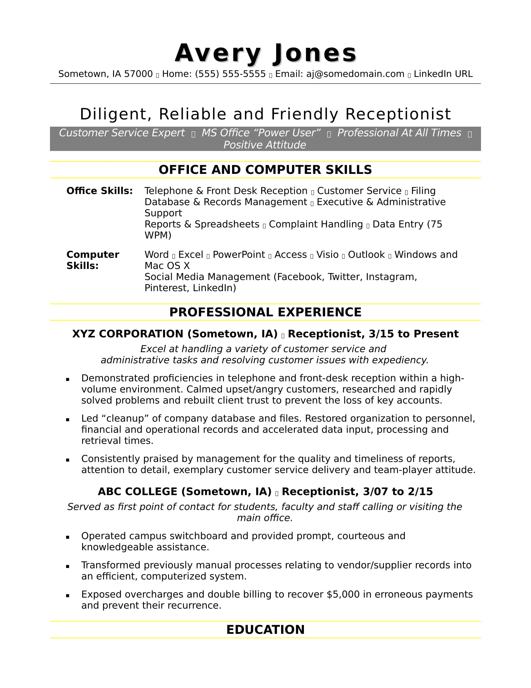 Receptionist Resume Sample Monster com