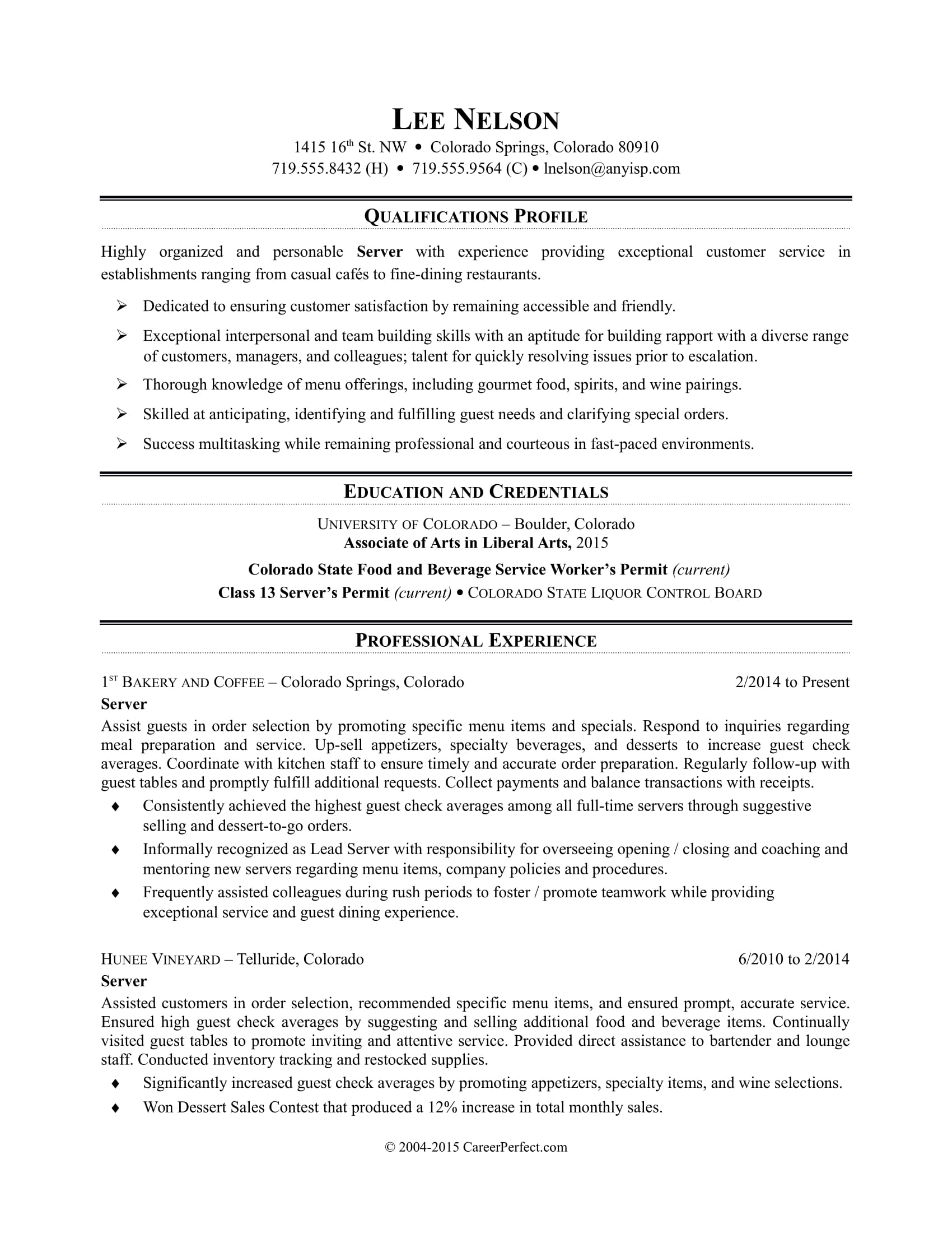 Sample resume for a restaurant server