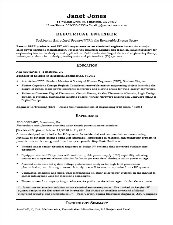 entry level electrical engineer resume sample