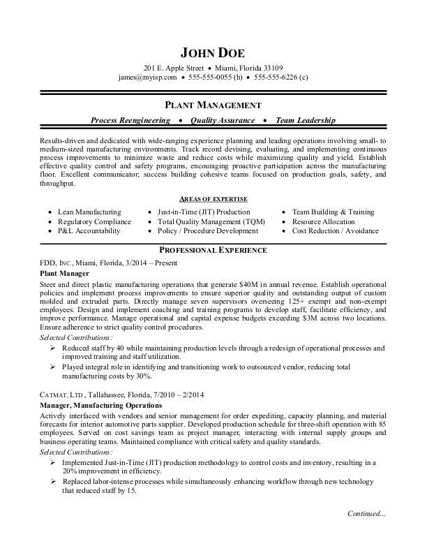 manufacturing plant manager resume sample