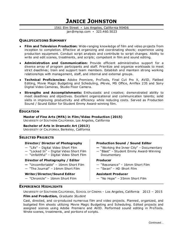 Film Production Resume Sample  Monster.com