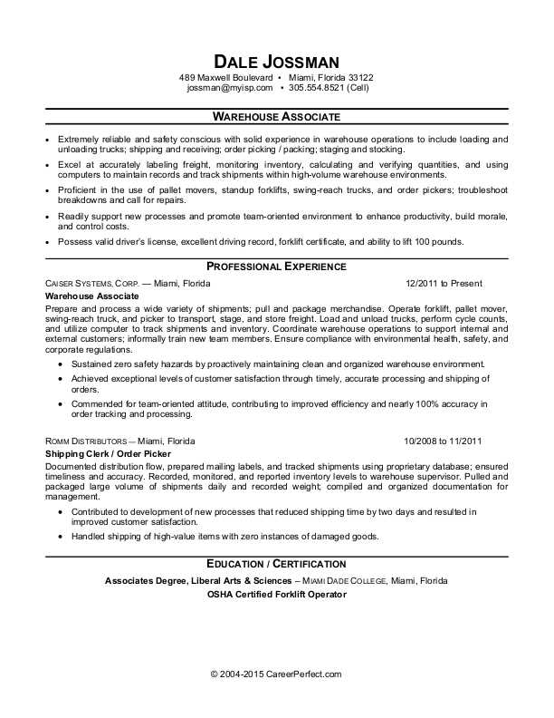 Warehouse Associate Resume Sample  Monster.com