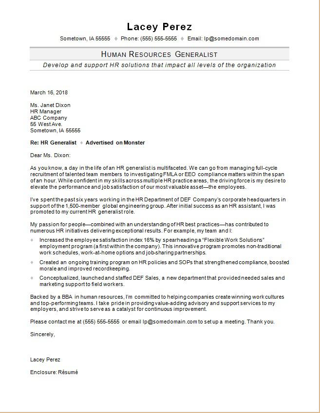 Hr Generalist Cover Letter Sample Monster Com