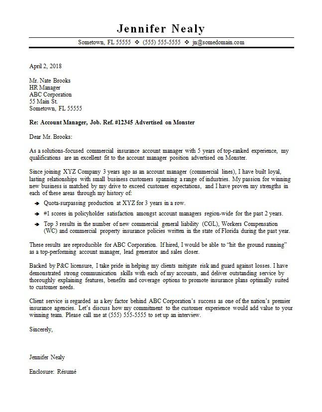 insurance account manager cover letter sample
