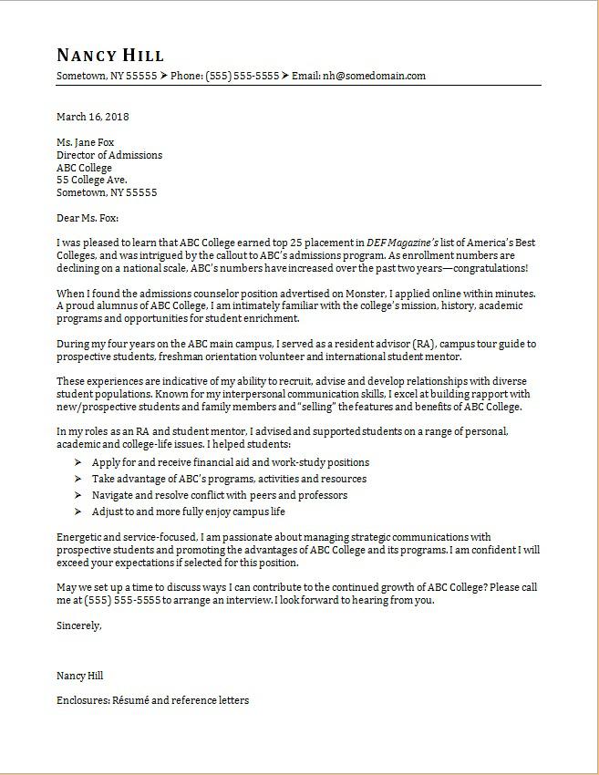 Sample Cover Letter For Undergraduate Admission - College ...