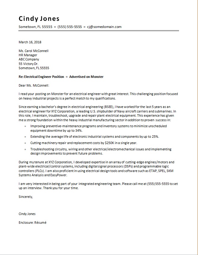 Electrical Engineering Cover Letter Sample Monster Com