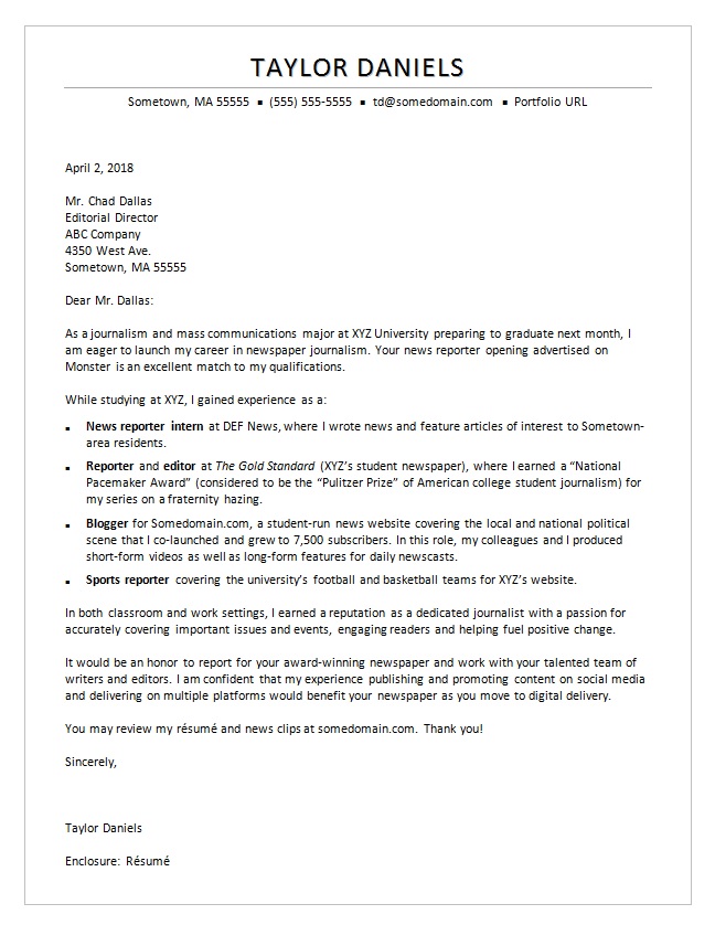 Cover Letter Sample Journalist Entry Level Journalism Cover Letter 