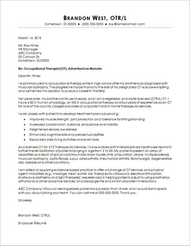 Occupational Therapy Cover Letter Sample | Monster.com