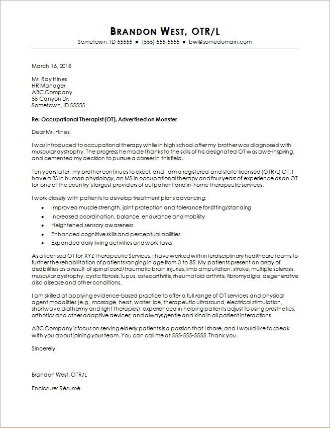 Occupational Therapy Cover Letter Sample  Monster.com