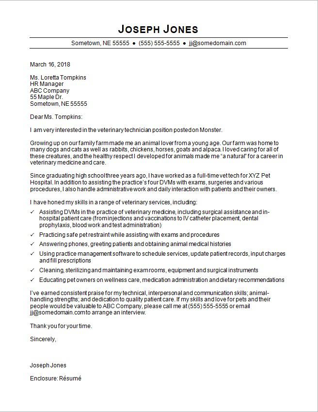 Vet Tech Cover Letter Sample Monster Com