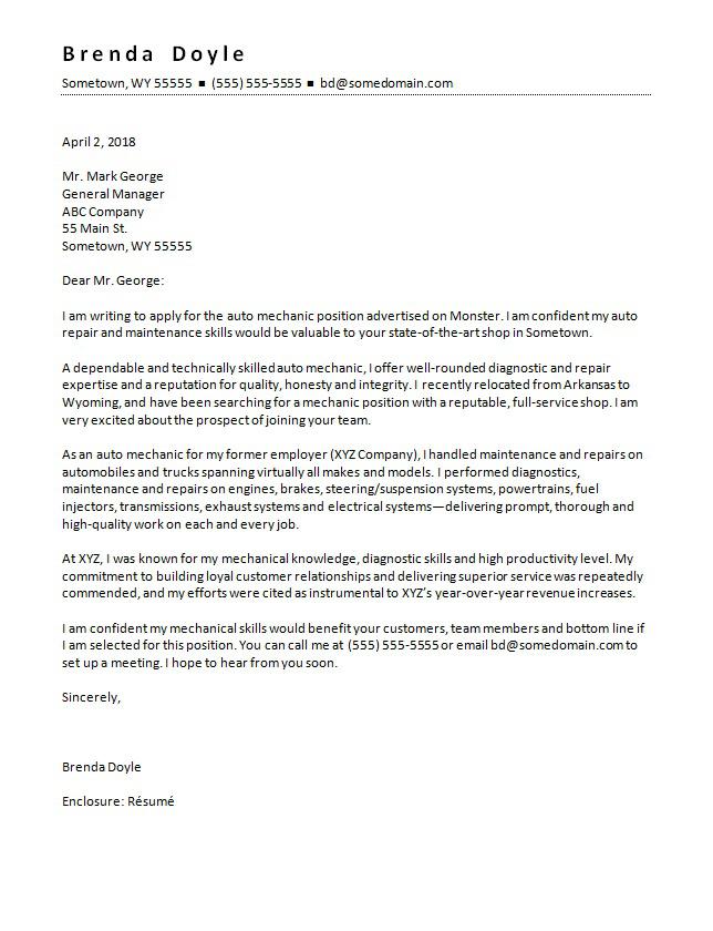 Mechanic Cover Letter Sample Monster.com Mechanic Cover Letter Sample Monster.com