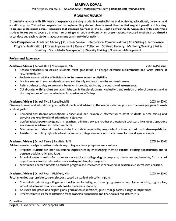 Academic Advisor Resume Sample