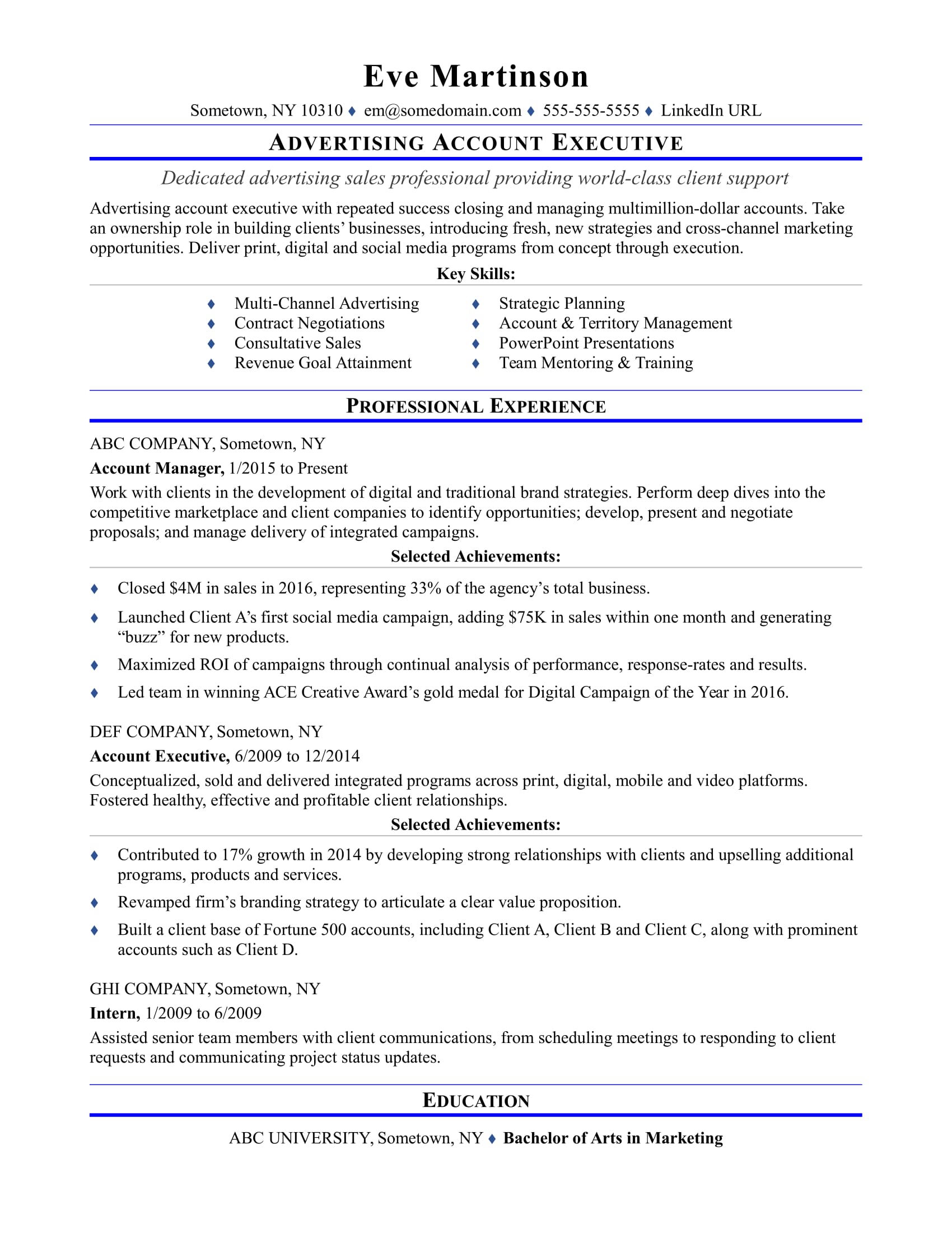 Sample Resume For An Advertising Account Executive Monster Com