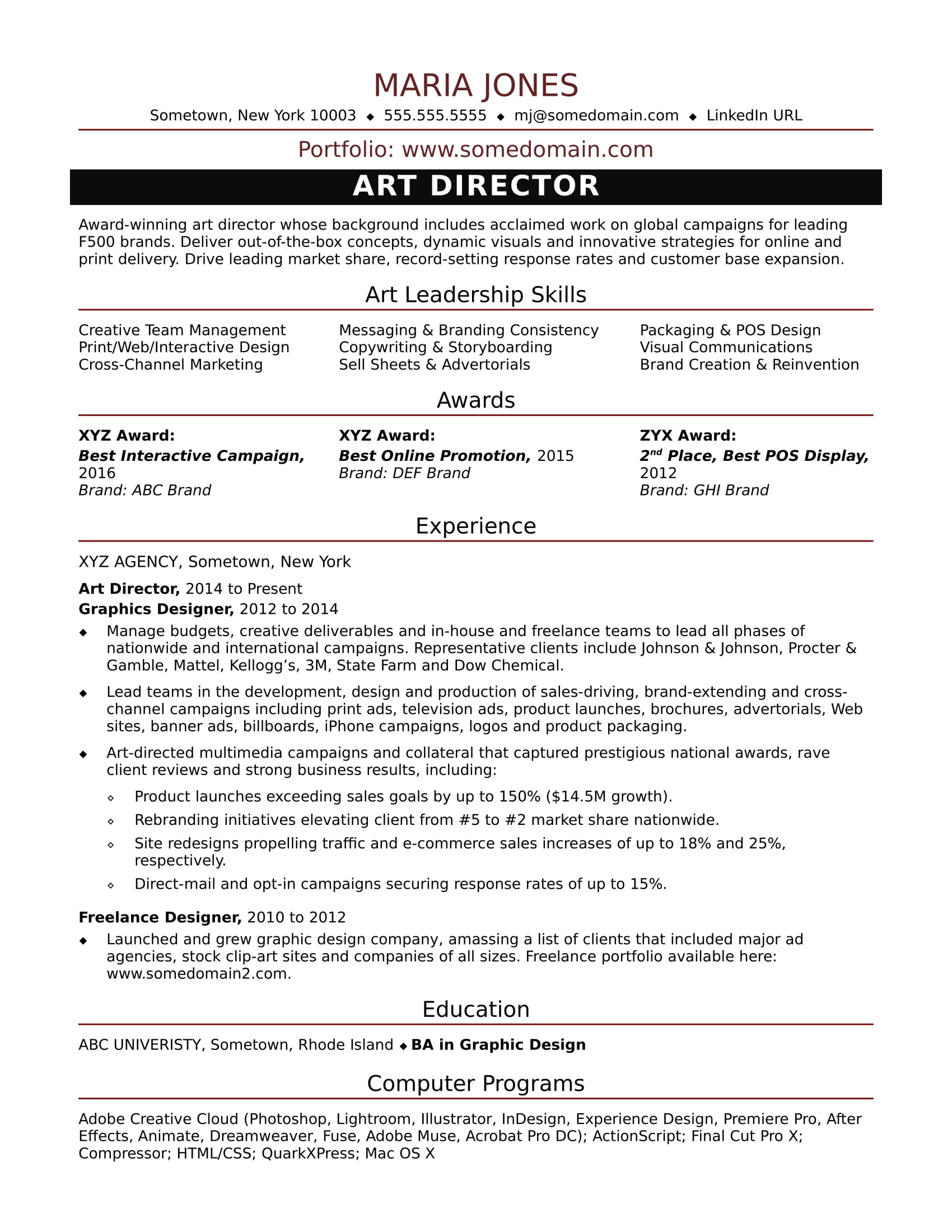 Sample Resume for a Midlevel Art Director | Monster.com