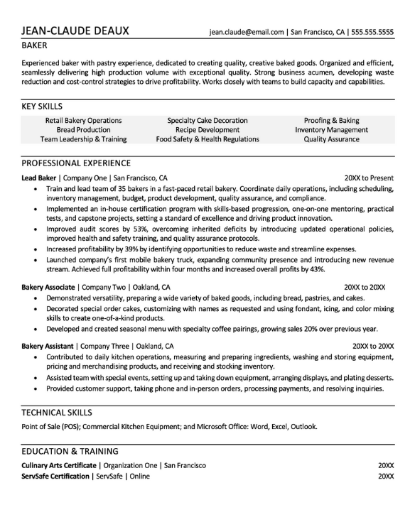 Baker Resume Sample | Monster.com – Monster Jobs