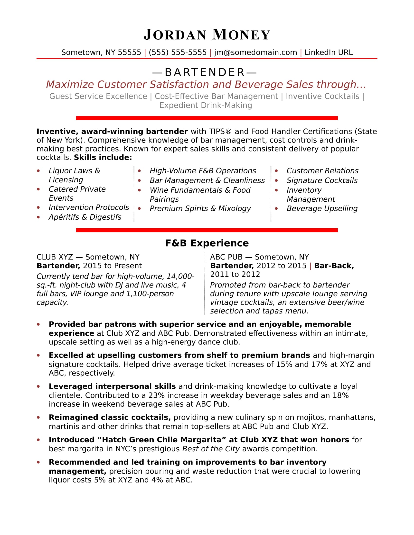 Bartender Resume Sample | Monster.com