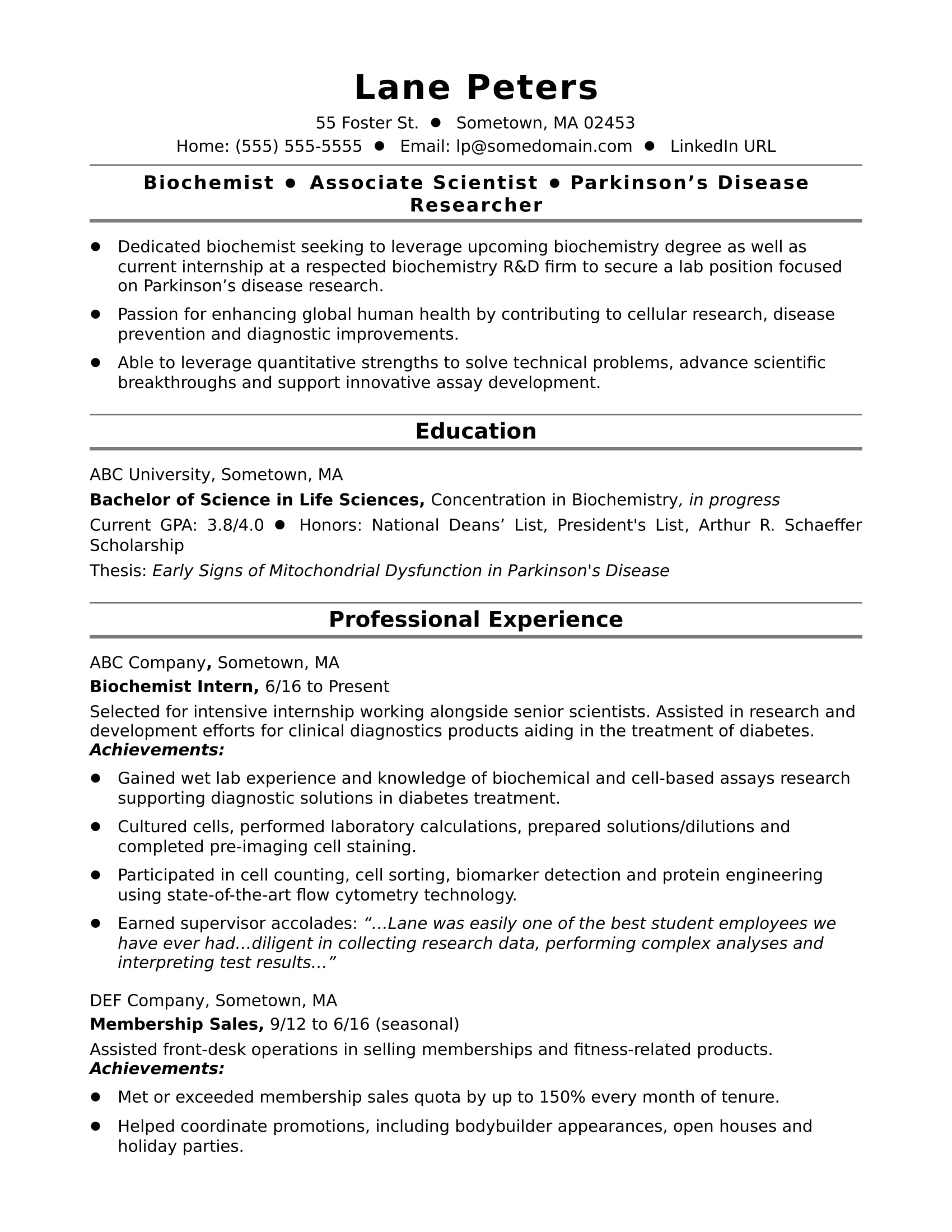 Entry Level Biochemist Resume Sample