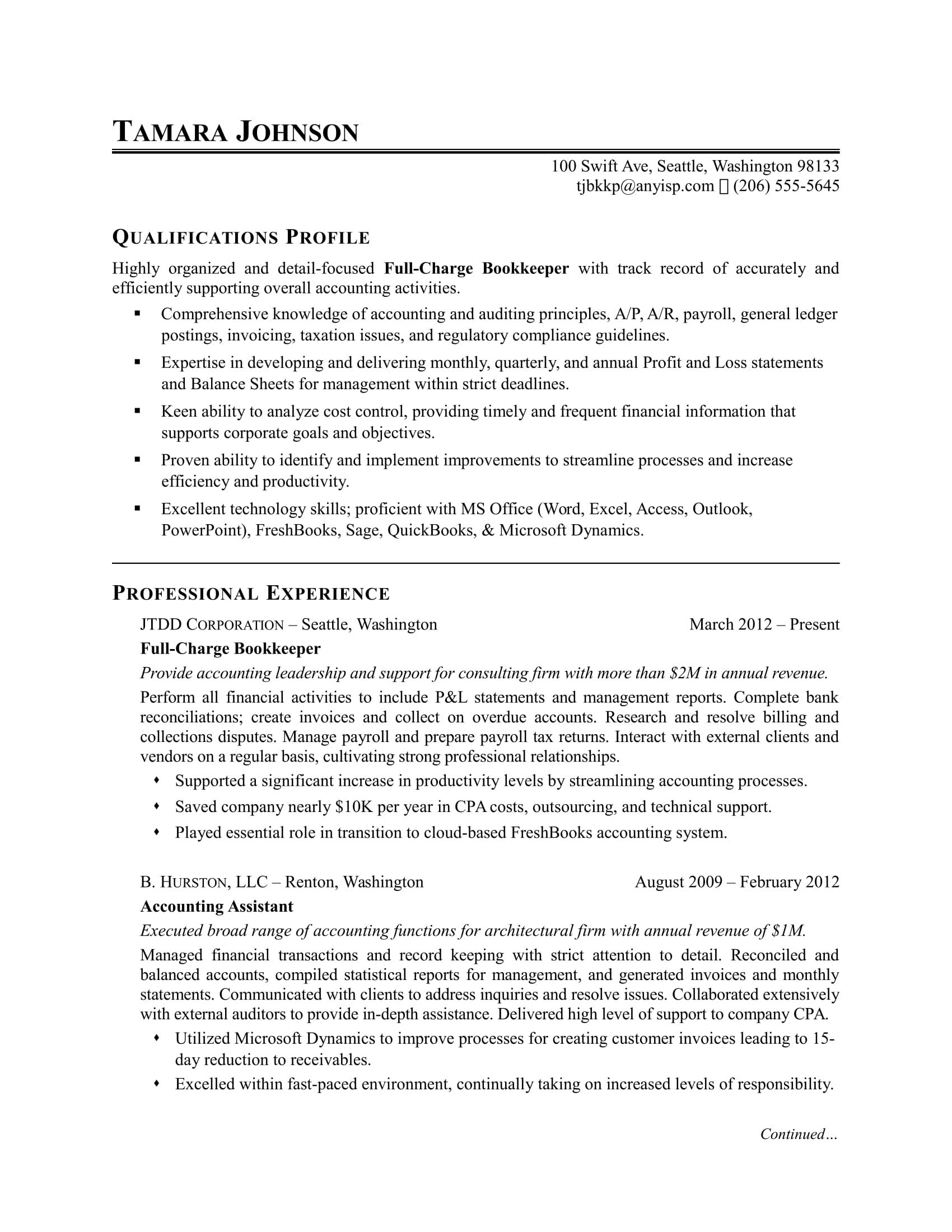 Bookkeeper Resume Sample