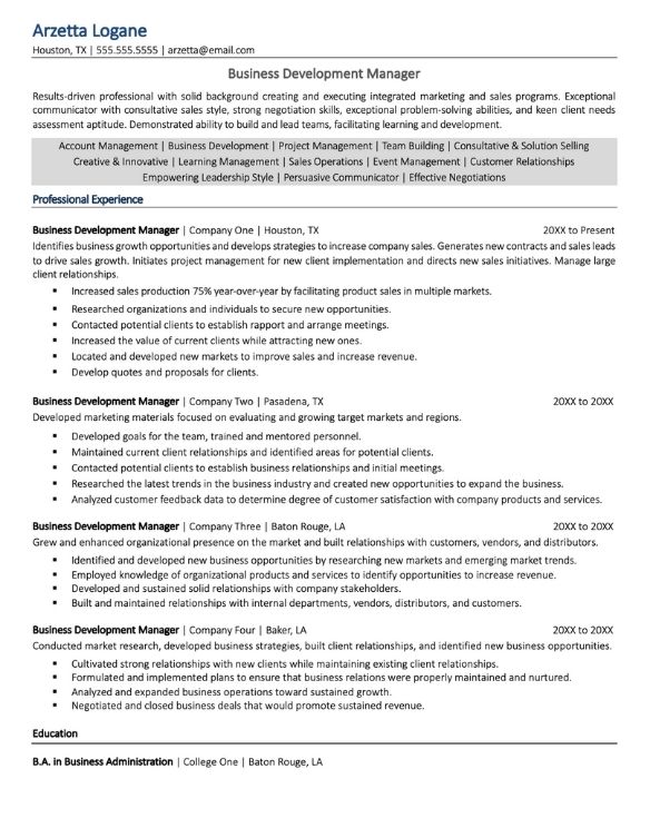 business development manager experience resume