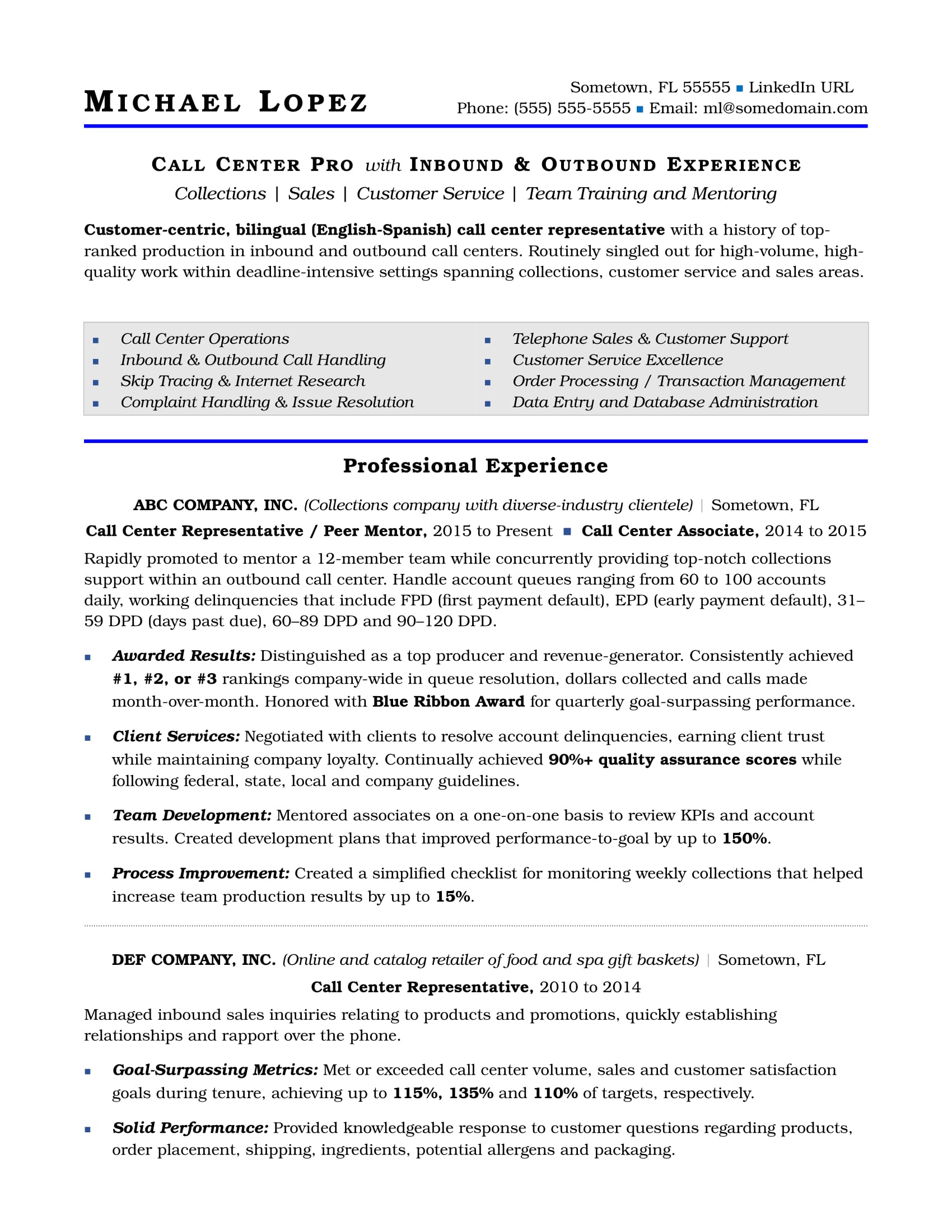 Call Center Resume Sample  Monster.com