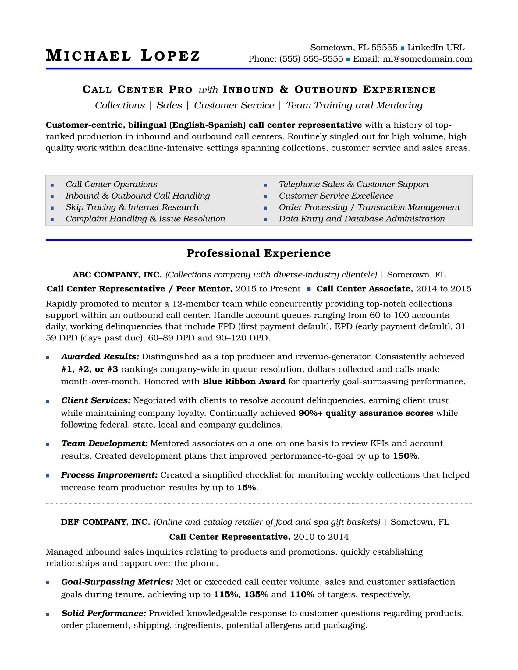 resume in call center with no experience