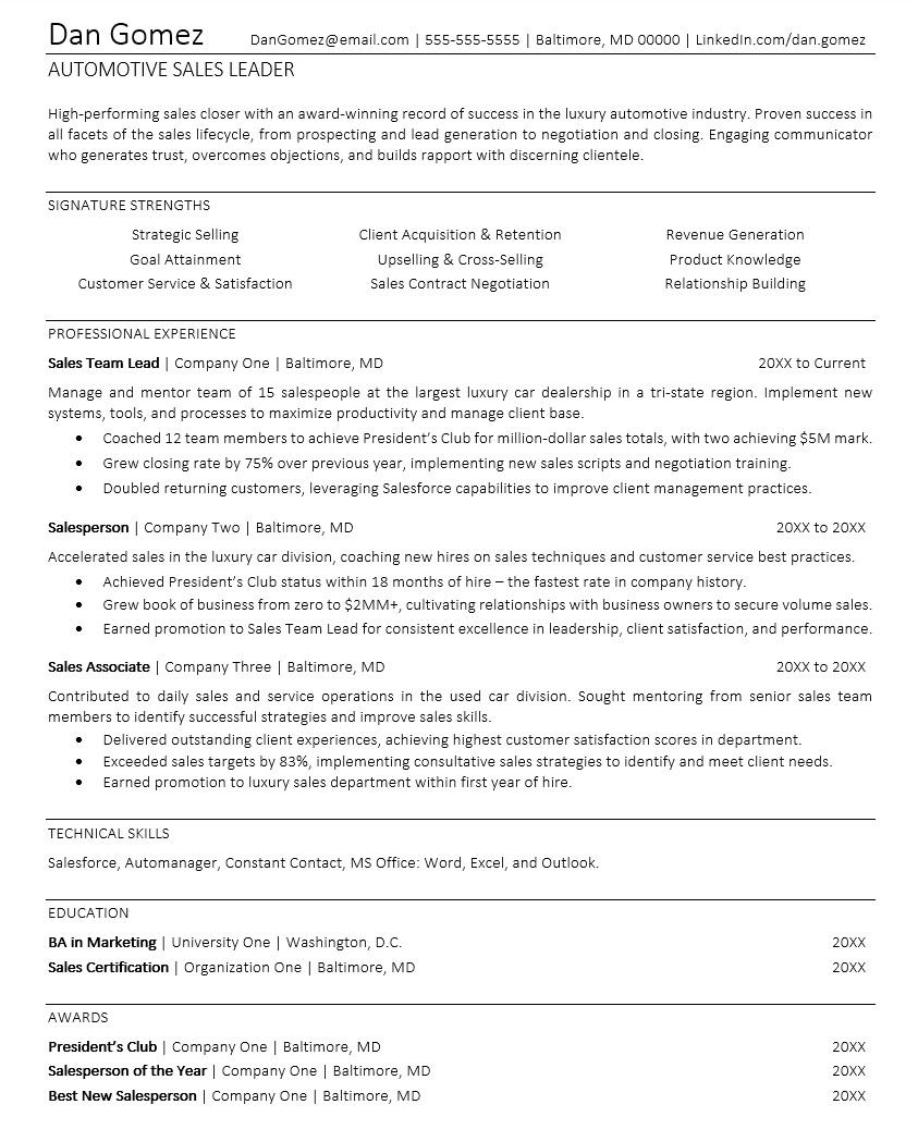 Car Salesman Resume Sample