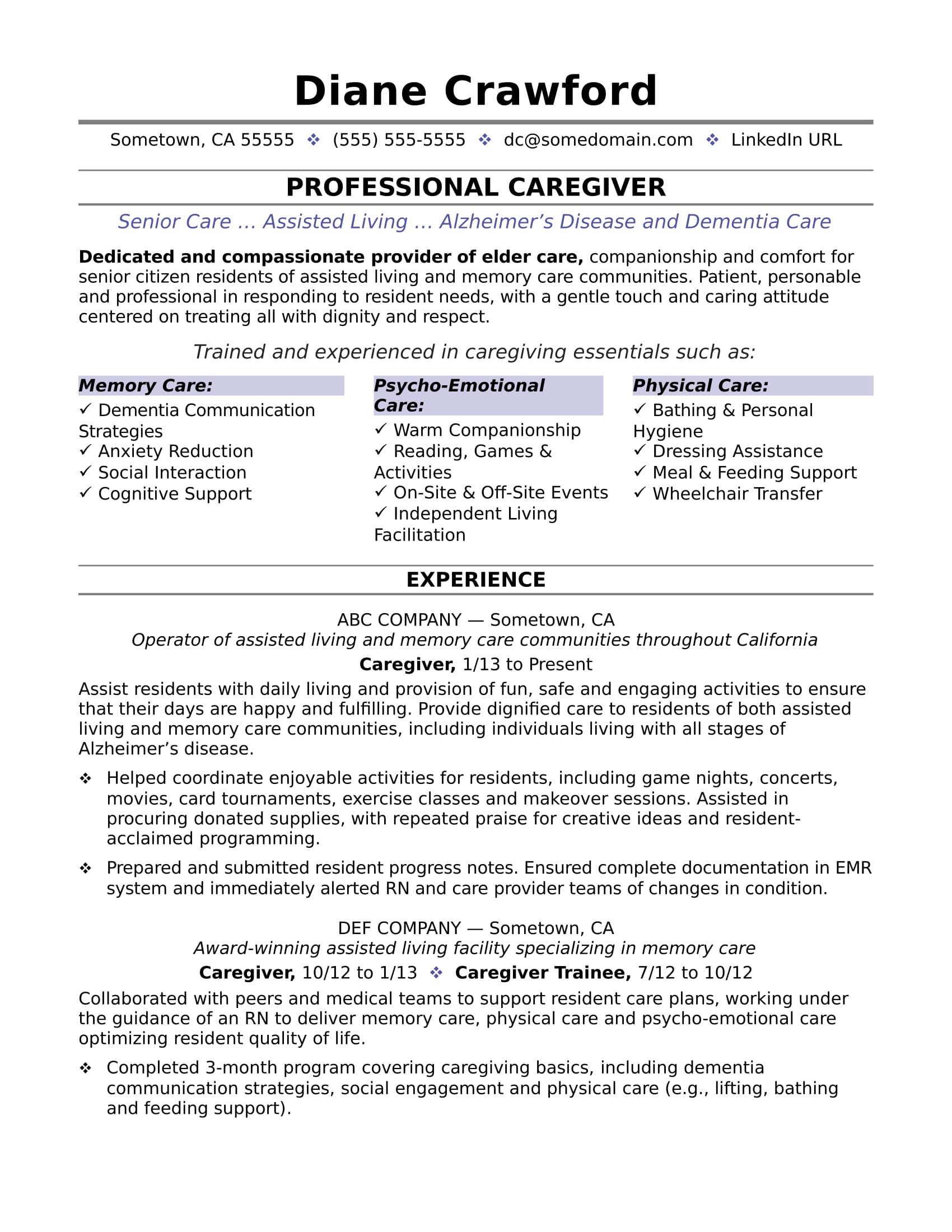 Caregiver Resume Sample Monster Com