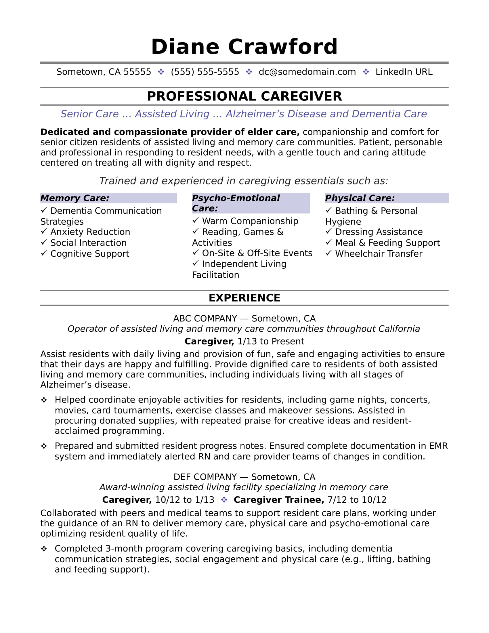 Caregiver Resume Sample | Monster.com