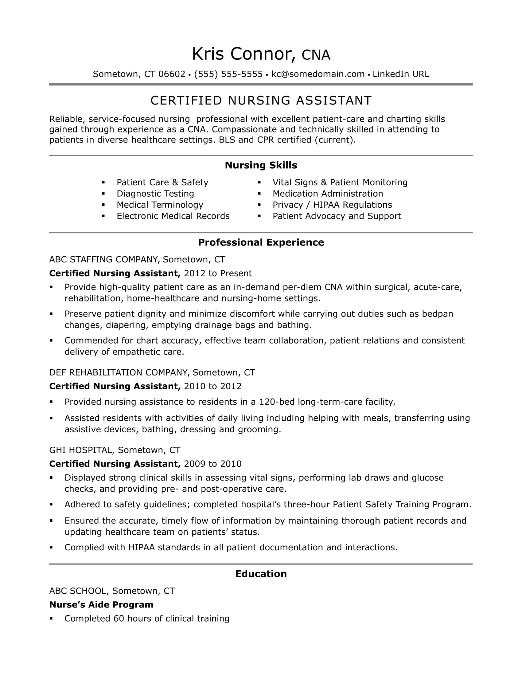 free resume templates for certified nursing assistant