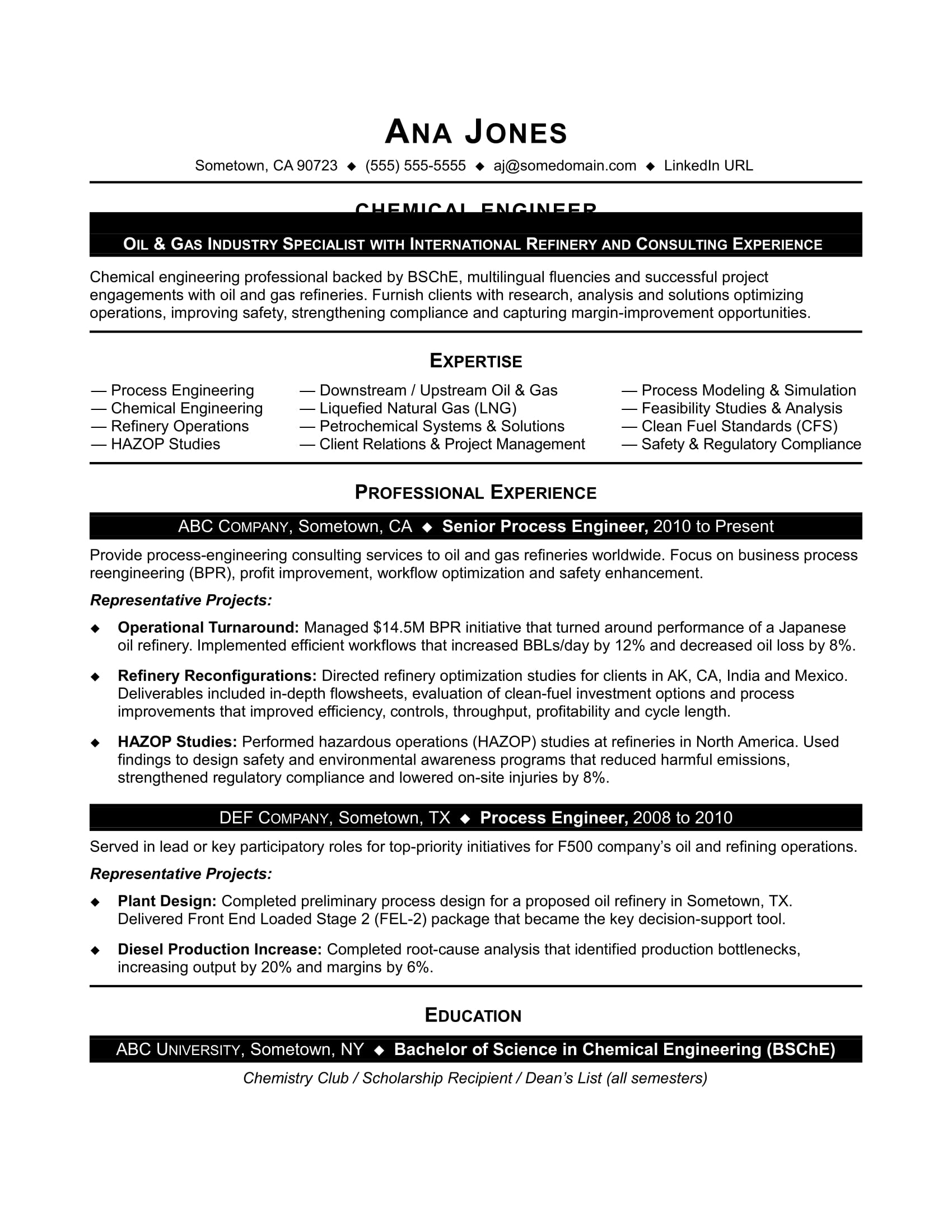 sample resume for entry level chemical engineer