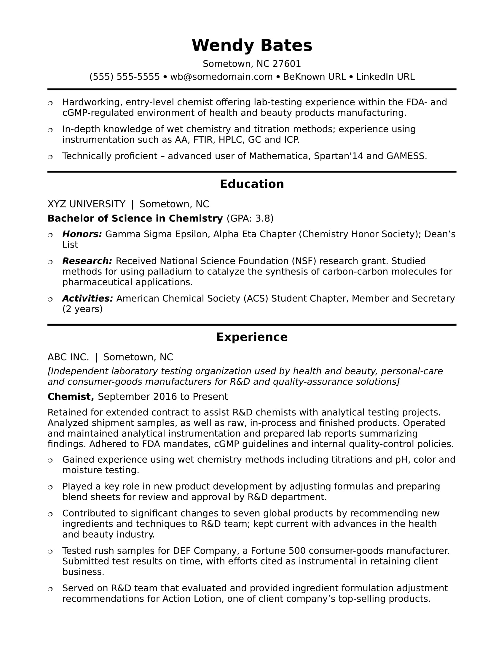 Entry-Level Chemist Resume Sample | Monster.com