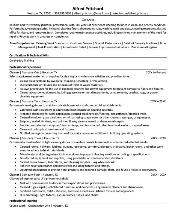 Cleaner Resume Sample | Monster.com – Monster Jobs