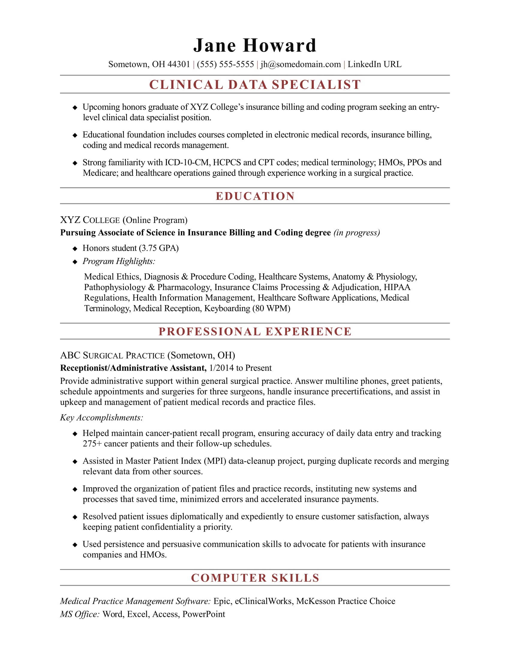 EntryLevel Clinical Data Specialist Resume Sample